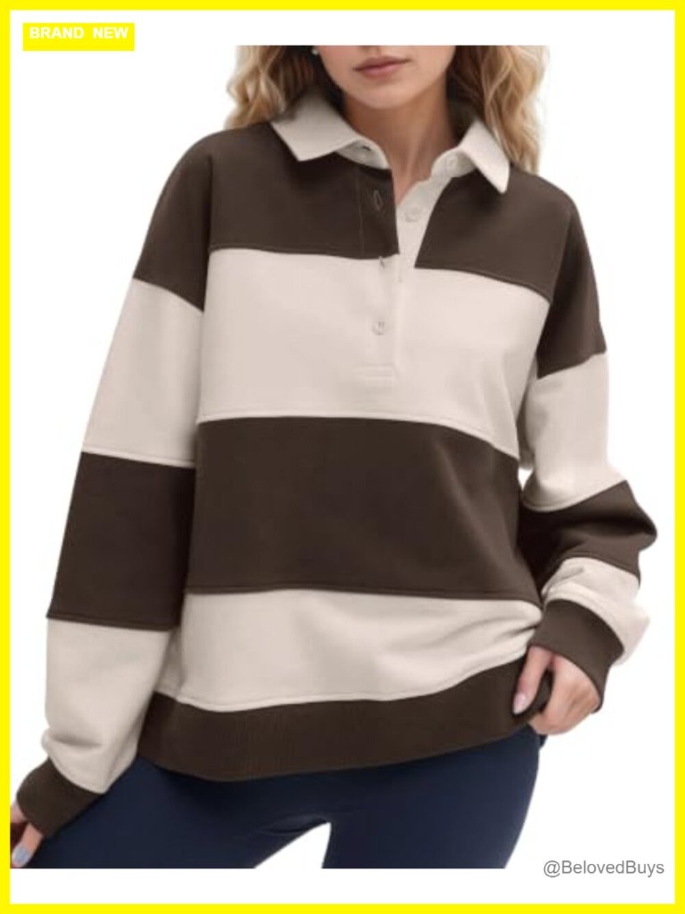 Oversized Striped Polo Sweatshirt Color Block Collared Pullover Long Sleeve